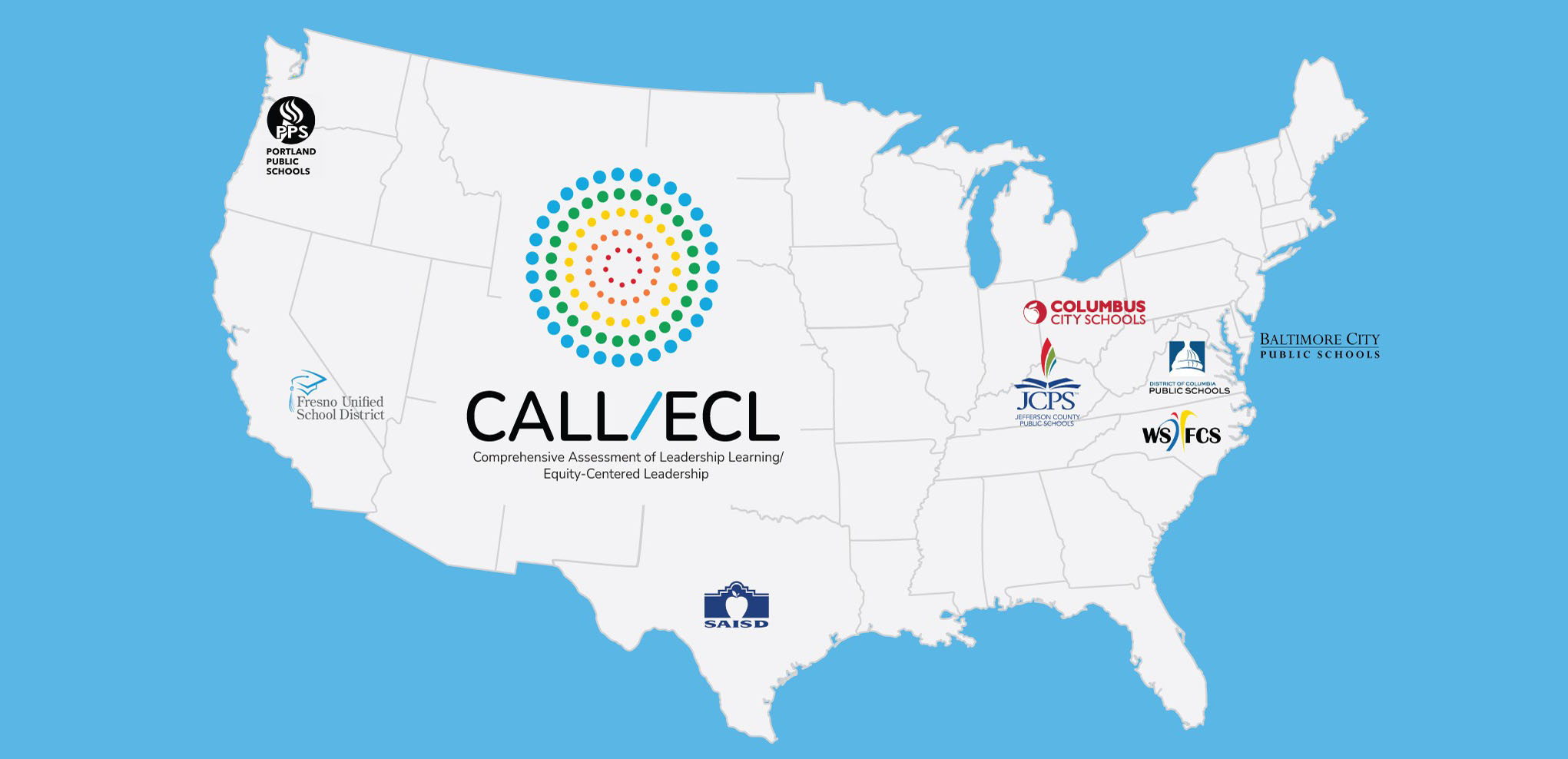 Map of United States with district logos on their locations
